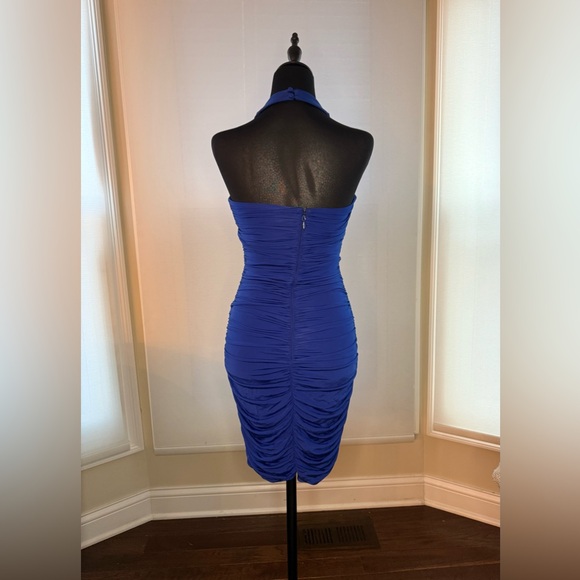Bebe Y2K Royal Blue Ruched Bodycon Mini Dress Jeweled Halter Vegas Club Size S - Picture 4 of 5